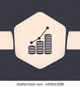 Grunge Pie chart infographic and coin icon isolated on grey background. Diagram chart sign.  Monochrome vintage drawing. Vector Illustration