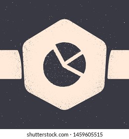 Grunge Pie chart infographic icon isolated on grey background. Diagram chart sign. Monochrome vintage drawing. Vector Illustration