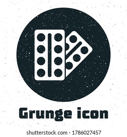 Grunge Pills in blister pack icon isolated on white background. Medical drug package for tablet, vitamin, antibiotic, aspirin. Monochrome vintage drawing. Vector.