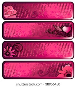 Grunge pink banners with heart and flowers on a abstract background