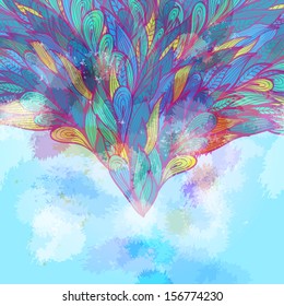 Grunge pink and blue greeting card with abstract flowing hand drawn feathers. Eps10