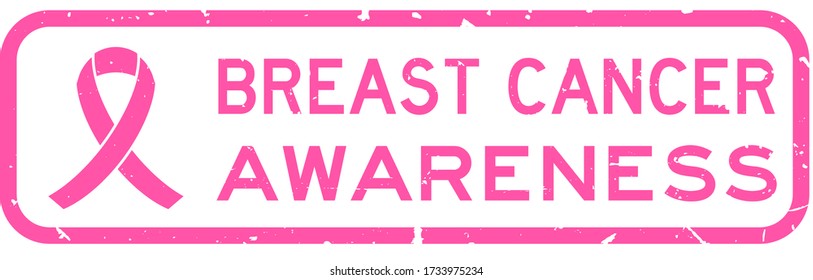 Grunge pink breast cancer awareness word with ribbon square rubber seal stamp on white background