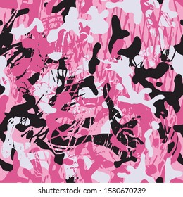 Grunge Pink Camouflage, Modern Fashion Design. Camo Pattern, Fashionable Fabric. Vector Seamless Texture.