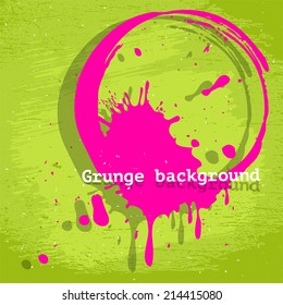 Grunge pink and green acid color vector background with round stain, template graphic design