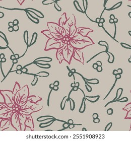 Grunge rosa poinsettia flor e visco verde no fundo bege, Natal e Ano Novo sem emenda vetor padrão

