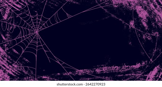 Grunge Pink Spider Web on Dark Background. Decorative spider web with abstract hand drawn texture and moody gothic vibes for Halloween spooky invitations, cards, posters, holidays