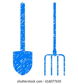 Grunge Pitchfork And Shovel Tools rubber seal stamp watermark. Icon symbol with grunge design and dirty texture. Unclean vector blue sign.