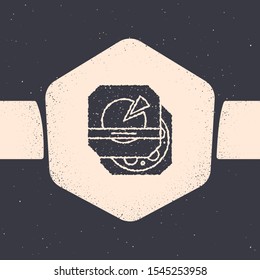 Grunge Pizza in cardboard box icon isolated on grey background. Box with layout elements. Monochrome vintage drawing. Vector Illustration