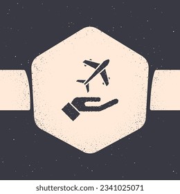 Grunge Plane in hand icon isolated on grey background. Flying airplane. Airliner insurance. Security, safety, protection, protect concept. Monochrome vintage drawing. Vector