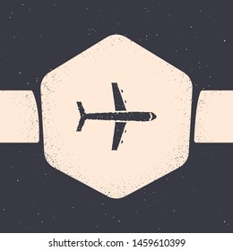 Grunge Plane icon isolated on grey background. Flying airplane icon. Airliner sign. Monochrome vintage drawing. Vector Illustration