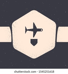 Grunge Plane with shield icon isolated on grey background. Flying airplane. Airliner insurance. Security, safety, protection, protect concept. Monochrome vintage drawing. Vector Illustration