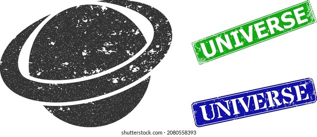 Grunge Planet Circle Icon And Rectangular Rubber Universe Seal. Vector Green Universe And Blue Universe Imprints With Distress Rubber Texture, Designed For Planet Circle Illustration.