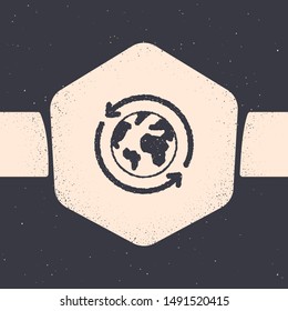 Grunge Planet earth and a recycling icon isolated on grey background. Environmental concept. Monochrome vintage drawing. Vector Illustration