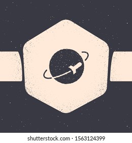Grunge Planet icon isolated on grey background. Monochrome vintage drawing. Vector Illustration