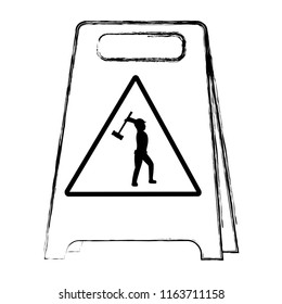 grunge plastic caution emblem and laborer with mallet