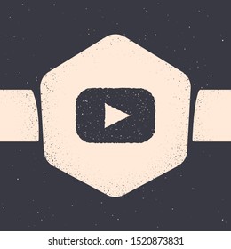 Grunge Play icon isolated on grey background. Monochrome vintage drawing. Vector Illustration
