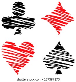 Grunge playing cards symbols. Vector set 3
