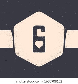 Grunge Please do not disturb with heart icon isolated on grey background. Hotel Door Hanger Tags. Monochrome vintage drawing. Vector Illustration