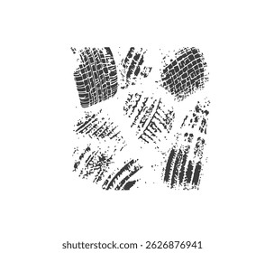 Grunge PNG set of circular tire tread frames with car and motorcycle patterns. Black PNG wheel borders for auto designs. Use this tyre PNG track set on a white background.