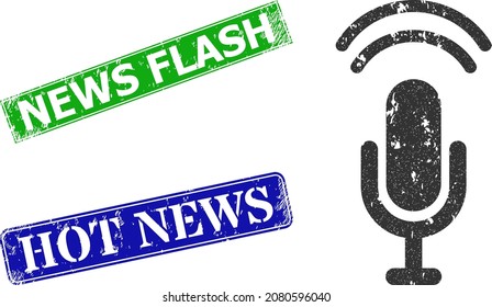 Grunge Podcast Icon And Rectangle Dirty News Flash Seal Stamp. Vector Green News Flash And Blue Hot News Imprints With Grunge Rubber Texture, Designed For Podcast Illustration.