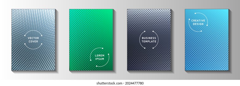 Grunge point perforated halftone cover templates vector series. Industrial magazine faded halftone backdrops. Retro manga comics style title page layouts. Distressed prints.