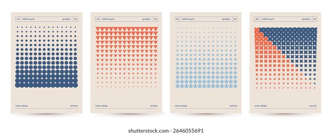 Grunge point perforated halftone cover page templates set. Urban posters faded halftone backgrounds. Vintage halftone minimalistic style cover leaflets. Matrix elements. Vector