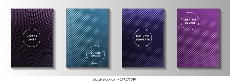 Grunge point perforated halftone front page templates vector collection. Scientific poster faded halftone backgrounds. Vintage cartoon comics style title page leaflets. Rectangle albums.