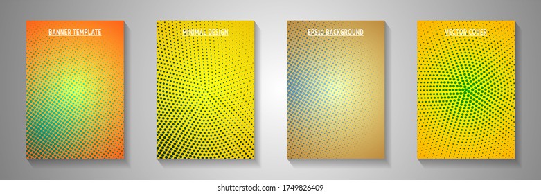 Grunge point screen tone gradation front page templates vector set. Urban journal faded screen tone patterns. Retro manga comics style title page layouts. Gradient design.