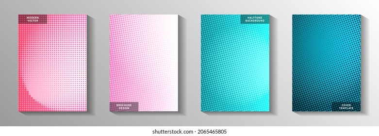 Grunge point screen tone gradation cover templates vector collection. Business brochure faded screen tone patterns. Retro comics style title page leaflets. Linear design.