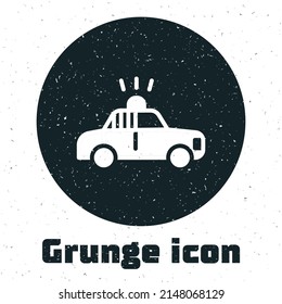 Grunge Police car and police flasher icon isolated on white background. Emergency flashing siren. Monochrome vintage drawing. Vector