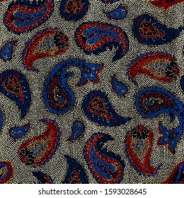 Grunge polka dot pattern on black background. Vector seamless image.