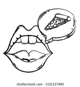 grunge pop art open mouth with pizza inside chat bubble