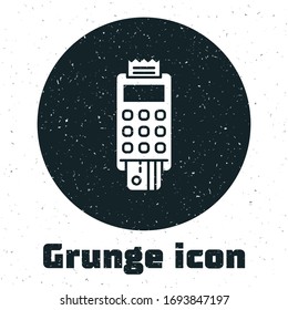 Grunge POS terminal with inserted credit card and printed reciept icon isolated on white background. NFC payment concept. Monochrome vintage drawing. Vector Illustration