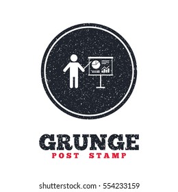 Grunge post stamp. Circle banner or label. Presentation sign icon. Man standing with pointer. Scheme and Diagram symbol. Dirty textured web button. Vector