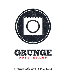Grunge post stamp. Circle banner or label. Condom in package safe sex sign icon. Safe love symbol. Dirty textured web button. Vector