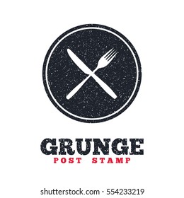 Grunge post stamp. Circle banner or label. Eat sign icon. Cutlery symbol. Fork and knife crosswise. Dirty textured web button. Vector