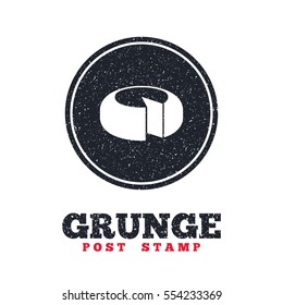 Grunge post stamp. Circle banner or label. Cheese wheel sign icon. Sliced cheese symbol. Round cheese. Dirty textured web button. Vector