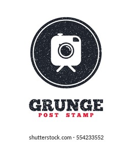 Grunge post stamp. Circle banner or label. Hipster photo camera sign icon. Retro camera on tripod symbol. Dirty textured web button. Vector