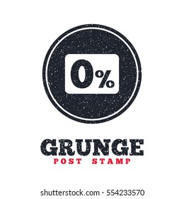 Grunge post stamp. Circle banner or label. Zero percent sign icon. Zero credit symbol. Best offer. Dirty textured web button. Vector