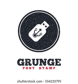 Grunge post stamp. Circle banner or label. Usb sign icon. Usb flash drive stick symbol. Dirty textured web button. Vector