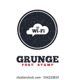 Grunge post stamp. Circle banner or label. Free wifi sign. Wifi symbol. Wireless Network icon. Wifi zone. Dirty textured web button. Vector