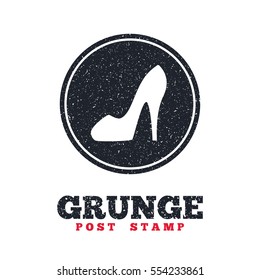 Grunge post stamp. Circle banner or label. Women sign. Women's shoe icon. High heels shoe symbol. Dirty textured web button. Vector