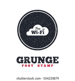 Grunge post stamp. Circle banner or label. Free wifi sign. Wifi symbol. Wireless Network icon. Wifi zone. Dirty textured web button. Vector