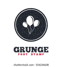 Grunge post stamp. Circle banner or label. Balloon sign icon. Birthday air balloon with rope or ribbon symbol. Dirty textured web button. Vector