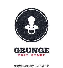 Grunge post stamp. Circle banner or label. Baby's dummy sign icon. Child pacifier symbol. Dirty textured web button. Vector