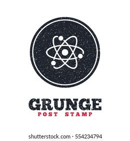 Grunge post stamp. Circle banner or label. Atom sign icon. Atom part symbol. Dirty textured web button. Vector