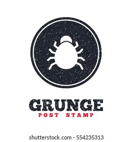Grunge post stamp. Circle banner or label. Bug sign icon. Virus symbol. Software bug error. Disinfection. Dirty textured web button. Vector