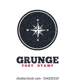 Grunge post stamp. Circle banner or label. Compass sign icon. Windrose navigation symbol. Dirty textured web button. Vector
