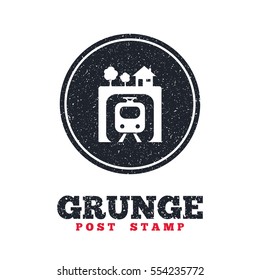 Grunge post stamp. Circle banner or label. Underground sign icon. Metro train symbol. Dirty textured web button. Vector