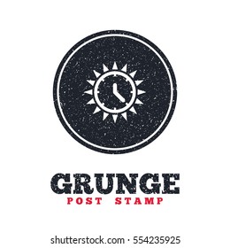 Grunge post stamp. Circle banner or label. Summer time icon. Sunny day sign. Daylight saving time symbol. Dirty textured web button. Vector